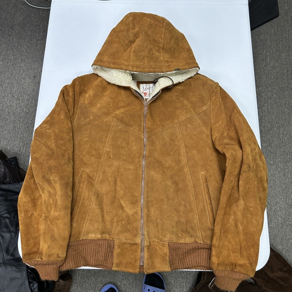 Sears The Leather Shop Suede Jacket Mens 42 Tan Sherpa Lined Hooded Bomber Vtg